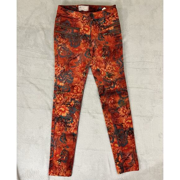 Free People Pants - Free People Velvet Skinny Sz 2 Floral Print Jeans Zip Pockets Anthropologie